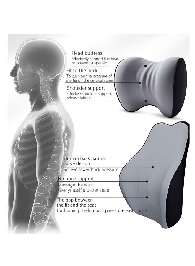 مسند رأس السيارة ووسادة دعم قطني، وسادة دعم قطني للسيارة ومجموعة وسائد للرقبة، مسند رأس مريح للمقعد والمقعد الخلفي لتخفيف آلام الرقبة والظهر (رمادي) - Image 3